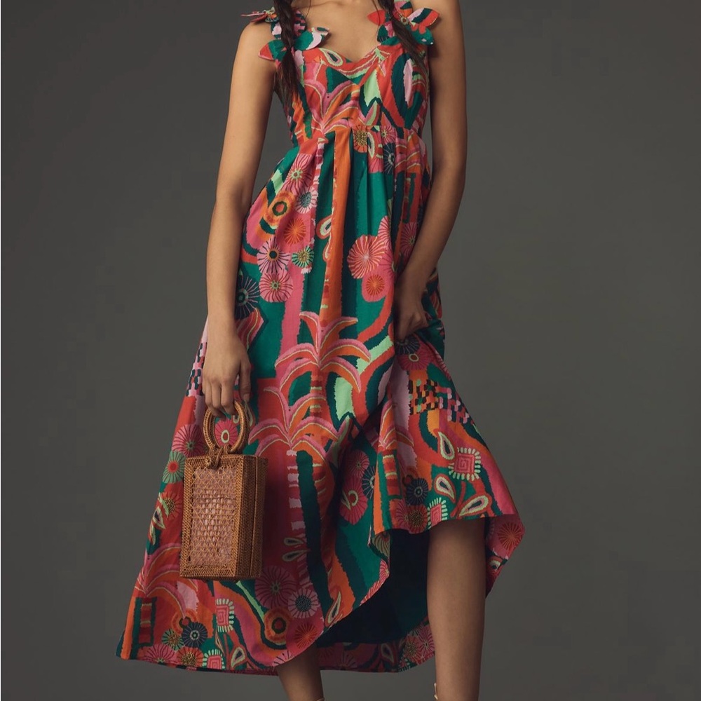 FARM Rio Pink and Green Asymmetrical High-Low Sundress